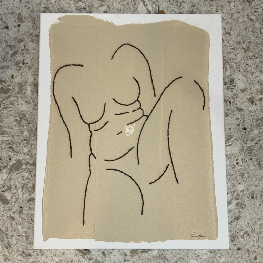 Original Minimalist Art Work of Female silhouette. Paint + Embroidery. Signed.